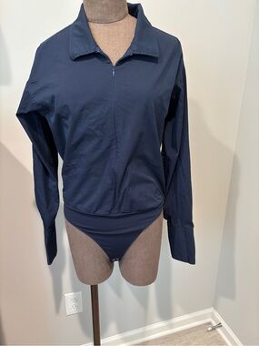 Good American Navy Zip-Front Long Sleeve Bodysuit